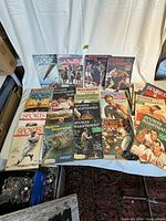 24 Sports Illustrated vintage magazines laid out in several rows on a white backdrop showing various cover images including boats, horseback riders, and boxers from the late 1940s and early 1950s.