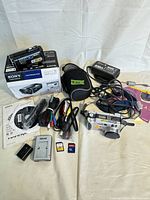 Full lot showing Sony camcorder, box, manual, battery, charger, cables, SD cards, case and handicap equipment on white background