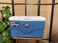 Front view of blue and white Coleman Xtreme 5 cooler placed on a wooden surface, showing brand labels and condition.