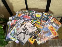 Photo showing the full assortment of 30+ Valiant comic books spread out on a surface, titles visible include Shadowman, Magnus, Weapon X, Turok, Solar, and others.