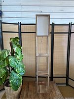 Full view of tall wooden lamp stand with multiple shelves, shown next to a plant and a folding screen.