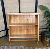 Front view of wooden hanging shelf with two shelves against room divider and plant.