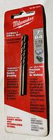 Milwaukee branded cobalt drill bit packaging showing 7/64 inch size and key features like titanium coating, precision start, and suitability for cast iron and stainless steel.