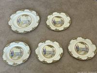 Set of five square dishes displayed together showing consistent Garden Gate pattern.