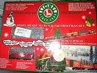 Box front showing Lionel Ready-to-Run O-27 Christmas Set graphics, features and model number