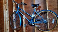 Full side view of the blue women's Univega bike hanging against wooden wall, showing frame, seat, fenders, pedals, wheels and tires
