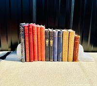 Front view of the full set of 14 books between the pair of marble open-book shaped bookends, showing the variation in book colors and sizes.