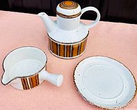 Coffee pot and gravy boat with underplate showing full set and pattern.