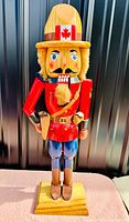 Front view of the wooden Mountie nutcracker in traditional uniform standing on a wooden base.