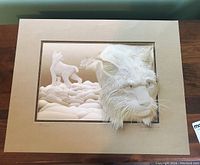 Full view of the Calvin Nichols embossed style feline art print, showing the large cat face and smaller standing cat, along with print number and overall condition.