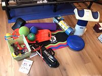 Full lot arranged on floor showing balance board, balls, foam rollers, resistance bands, exercise sliders, and Back Life massager