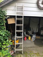 Full view of the metal extension ladder leaning against an exterior wall, surrounded by plants and items.