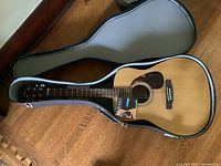 Full view of guitar inside open molded case