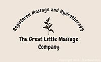 Close-up photo of The Great Little Massage Company logo featuring a small leaf symbol and text indicating registered massage and hydrotherapy services.
