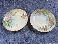 Two Belleek porcelain saucers side by side, showing floral design and gold trim on scalloped edges.