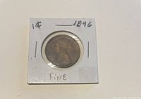 Obverse view of the 1896 Canadian one-cent coin showing Queen Victoria's profile.