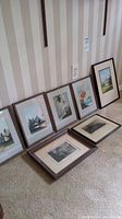 Six framed Brazilian signed wall art prints displayed resting on carpet against wall with striped wallpaper.
