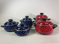 Photo showing five enamel pots and pans with lids in red and blue colors with white floral pattern and black handles and knobs.