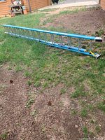 Full view of blue fiberglass extension ladder placed on grass and dirt outside.