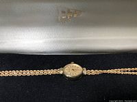 Watch laid flat in velvet-lined case showing double rope chain band and oval dial