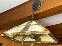 Tiffany style stained glass ceiling light hanging from wooden ceiling beam, showing top and side views of the stained glass panels with varied earth tone colors and metal framework.