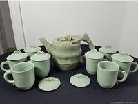 Full set including teapot and six lidded mugs arranged on black background