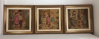 Lot of three framed tapestries displayed side by side showing all three scenes and frames