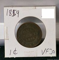 Reverse side of the 1859 Canadian large cent coin displaying 'ONE CENT 1859' surrounded by a floral design.