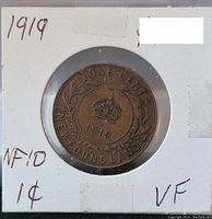 Reverse side of the 1919 Newfoundland large cent coin showing crown and denomination with 'One Cent Newfoundland 1919' text.