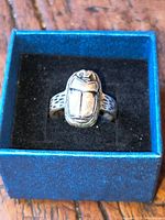 Front angle of chunky silver ring with a raised scarab beetle design, resting on black velvet in blue box.