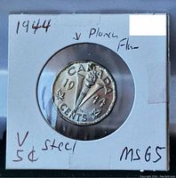 Close-up of 1944 Canadian V nickel showing reverse with torch, maple leaves, date, and missing chrome error noted.