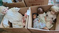 Five vintage dolls shown in open cardboard boxes including one large porcelain doll in white lace dress.