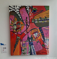 Full front view of colorful abstract painting showing stylized sun, figure motifs and hand-lettered text.