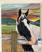Full frontal view of the 30 x 24 inch oil painting showing horse head, fence and landscape.