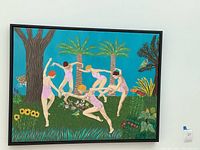 Full view of vibrant painting showing women dancing in a tropical setting