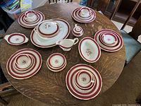 Full layout of Paragon Helene china set for five with extras including plates, cups, serving items on wood table