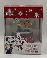 Snow globe of Minnie and Mickey Mouse with snowman inside original Disney Store box.