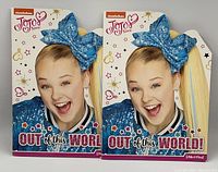 Two identical new Jojo Siwa Out of this World books with cover showing Jojo Siwa wearing a large blue glittery bow, smiling, with colorful stars and hearts in background.