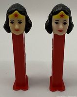 Photo showing both Wonder Woman PEZ dispensers from the front view.