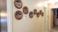 View of eight framed round collector plates mounted on wall in hallway, arranged in a row.