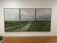 Front view of the triptych landscape artwork mounted on a wall above a wooden surface, showing all three panels in alignment.