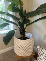 Artificial plant about 4 feet tall placed in white macrame cotton planter on a stool.