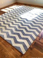 Full view of the Nicole Miller area rug with blue and cream zigzag pattern on wooden floor, showing overall design and size.