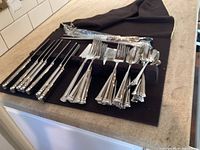 Overall view of the Lenox silver-tone flatware pieces laid out on black cloth, showing a variety of knives, forks, and spoons.