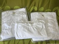 Pack of white blank t-shirts folded and pack wrapped, showing quantity and packaging condition.