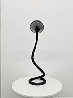 Full view of the lamp showing the coiled base resembling a snake and upright flexible gooseneck lamp arm with metal shade.