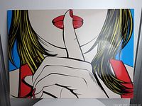 Full view of the modern pop art wall panel showing the main image with bold colors and the 'shh' pose.