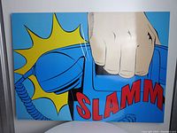 Blue and yellow pop art panel with a cartoon fist slamming down a blue telephone handset with red 'SLAMM' text.