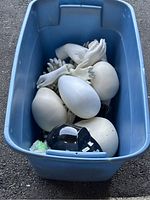 Blue plastic bin containing multiple white mannequin heads and many white mannequin hands, some cracked, plus one black mannequin head.