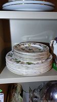 Stack of 8 dinner plates with 8 smaller salad plates on top showing floral Wild Strawberry pattern and gold trim.